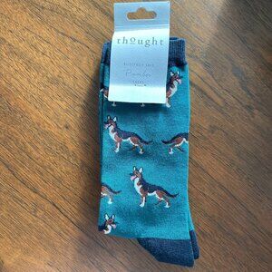 Thought Blissfully Soft Bamboo Socks Dog Print Grn Navy Brn Wht Sz 7-11 Unisex